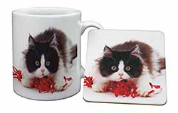 Kitten with Red Ribbon Mug and Coaster Set