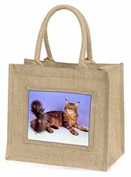 Tabby Maine Coon Cat Natural/Beige Jute Large Shopping Bag