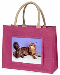 Tabby Maine Coon Cat Large Pink Jute Shopping Bag