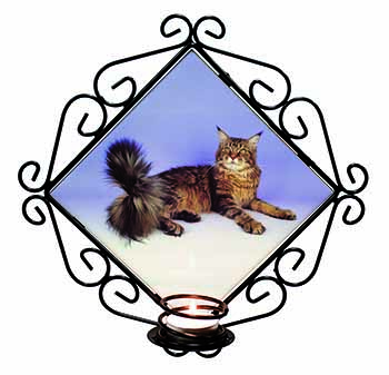 Tabby Maine Coon Cat Wrought Iron Wall Art Candle Holder