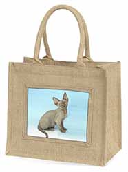 Blue Grey Devon Rex Kitten Cat Natural/Beige Jute Large Shopping Bag