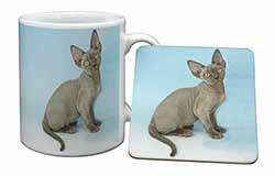Blue Grey Devon Rex Kitten Cat Mug and Coaster Set