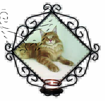 Red Maine Coon Cat Wrought Iron Wall Art Candle Holder
