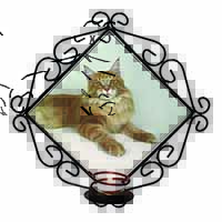 Red Maine Coon Cat Wrought Iron Wall Art Candle Holder