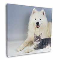 Samoyed and Cat Square Canvas 12"x12" Wall Art Picture Print