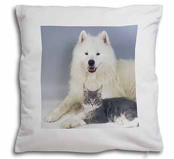 Samoyed and Cat Soft White Velvet Feel Scatter Cushion