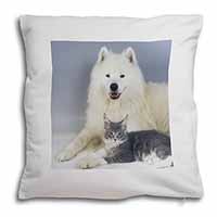 Samoyed and Cat Soft White Velvet Feel Scatter Cushion