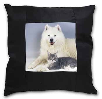 Samoyed and Cat Black Satin Feel Scatter Cushion