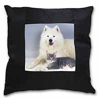 Samoyed and Cat Black Satin Feel Scatter Cushion