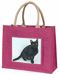 Pretty Black Bombay Cat Large Pink Jute Shopping Bag