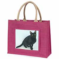Pretty Black Bombay Cat Large Pink Jute Shopping Bag