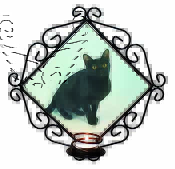 Pretty Black Bombay Cat Wrought Iron Wall Art Candle Holder