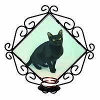 Pretty Black Bombay Cat Wrought Iron Wall Art Candle Holder