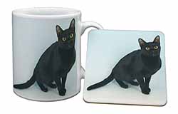 Pretty Black Bombay Cat Mug and Coaster Set