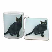 Pretty Black Bombay Cat Mug and Coaster Set