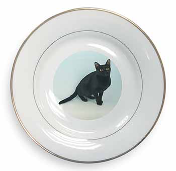 Pretty Black Bombay Cat Gold Rim Plate Printed Full Colour in Gift Box