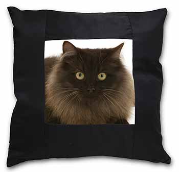 Chocolate Brown Cats Face Black Satin Feel Scatter Cushion
