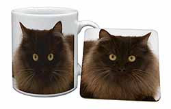 Chocolate Brown Cats Face Mug and Coaster Set