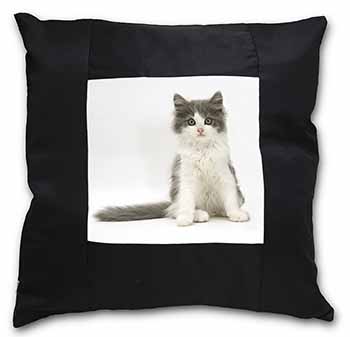 Cute Grey and White Kitten Black Satin Feel Scatter Cushion