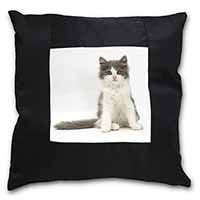 Cute Grey and White Kitten Black Satin Feel Scatter Cushion