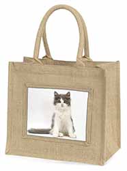 Cute Grey and White Kitten Natural/Beige Jute Large Shopping Bag