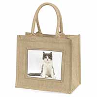 Cute Grey and White Kitten Natural/Beige Jute Large Shopping Bag