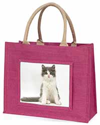 Cute Grey and White Kitten Large Pink Jute Shopping Bag