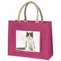 Cute Grey and White Kitten Large Pink Jute Shopping Bag