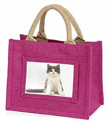 Cute Grey and White Kitten Little Girls Small Pink Jute Shopping Bag