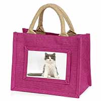 Cute Grey and White Kitten Little Girls Small Pink Jute Shopping Bag