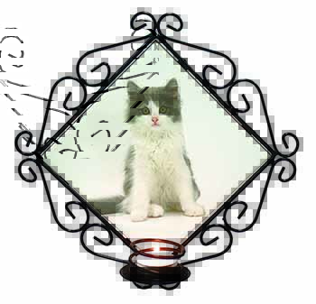 Cute Grey and White Kitten Wrought Iron Wall Art Candle Holder