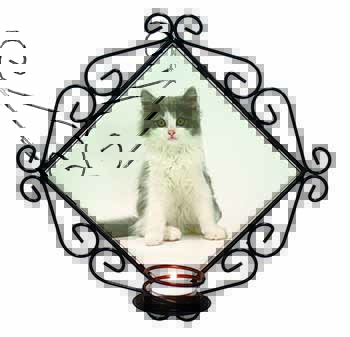 Cute Grey and White Kitten Wrought Iron Wall Art Candle Holder