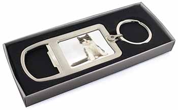 Cute Grey and White Kitten Chrome Metal Bottle Opener Keyring in Box