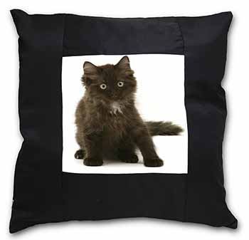 Cute Black Fluffy Kitten Black Satin Feel Scatter Cushion