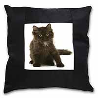 Cute Black Fluffy Kitten Black Satin Feel Scatter Cushion