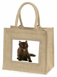 Cute Black Fluffy Kitten Natural/Beige Jute Large Shopping Bag