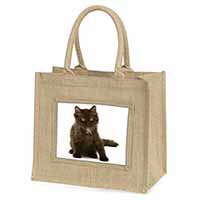 Cute Black Fluffy Kitten Natural/Beige Jute Large Shopping Bag