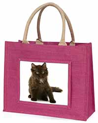 Cute Black Fluffy Kitten Large Pink Jute Shopping Bag