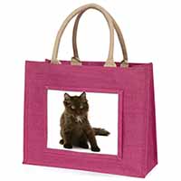 Cute Black Fluffy Kitten Large Pink Jute Shopping Bag