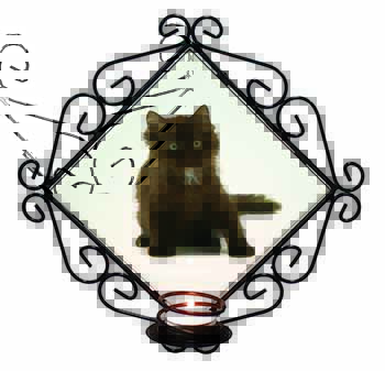 Cute Black Fluffy Kitten Wrought Iron Wall Art Candle Holder