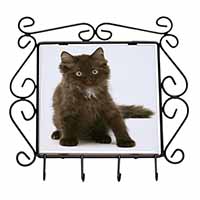 Cute Black Fluffy Kitten Wrought Iron Key Holder Hooks