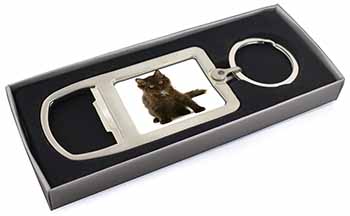 Cute Black Fluffy Kitten Chrome Metal Bottle Opener Keyring in Box
