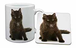 Cute Black Fluffy Kitten Mug and Coaster Set
