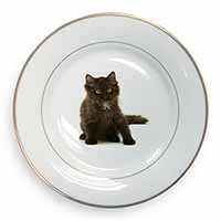 Cute Black Fluffy Kitten Gold Rim Plate Printed Full Colour in Gift Box