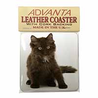 Cute Black Fluffy Kitten Single Leather Photo Coaster