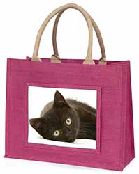 Stunning Black Cat Large Pink Jute Shopping Bag