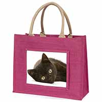 Stunning Black Cat Large Pink Jute Shopping Bag