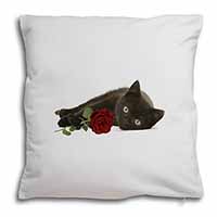 Black Kitten with Red Rose Soft White Velvet Feel Scatter Cushion