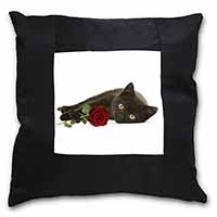 Black Kitten with Red Rose Black Satin Feel Scatter Cushion