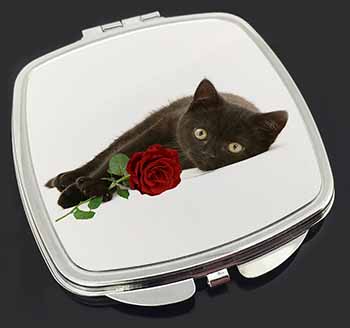 Black Kitten with Red Rose Make-Up Compact Mirror